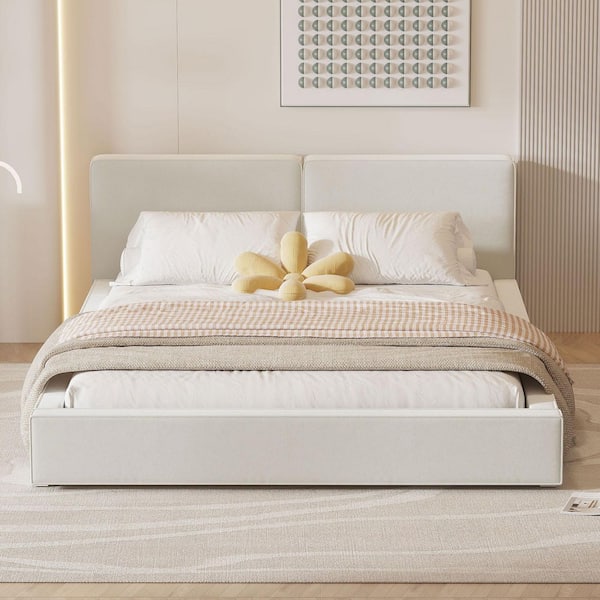 Beige Wood Frame Queen Platform Bed with Solid Frame and Velvet Fabric