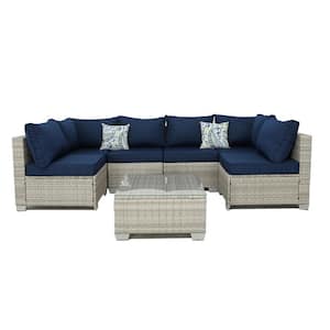 7-Piece Gray Rattan Wicker Outdoor Patio Sectional Sofa Set with Dark Blue Cushions and Coffee Table