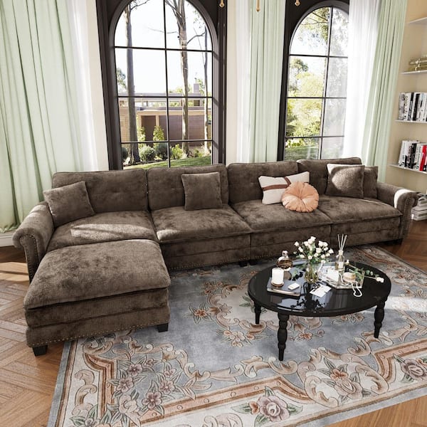 149.6 in. 5-Seat L-Shaped Chenille Modular Sectional Sofa in. Brown with Throw Pillows and Ottoman