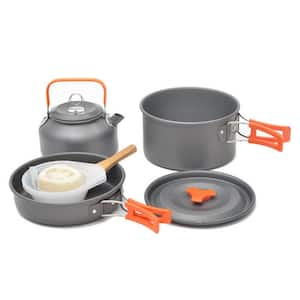 Portable Camping Cooker Outdoor Pot Set for 2-People to 3-People with Orange Handles and Tableware