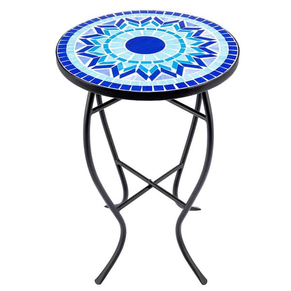 Merra Black Metal Mosaic Top Outdoor Side Table with Curved Legs, Blue Pattern