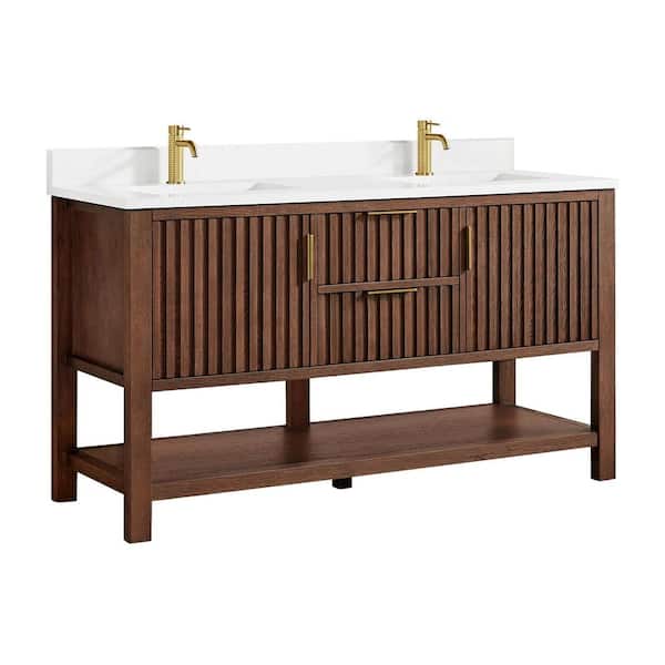 Tehran 60 in.W x 22 in.D x 33.9 in.D Double Bath Vanity in Aged Dark Brown Oak with White Engineered Stone Top