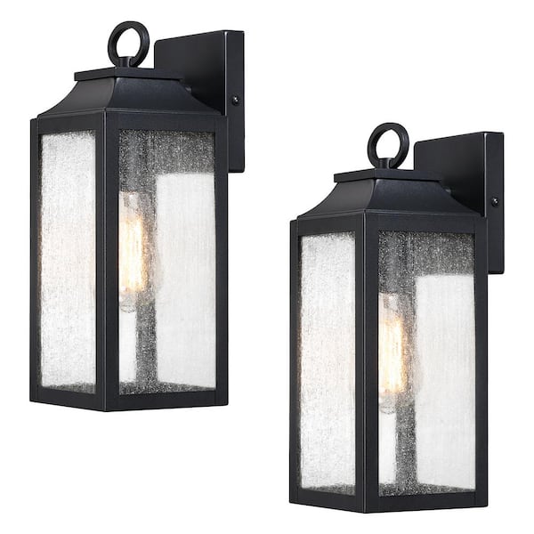 12.65 in. Black Outdoor Hardwired Wall Lantern Scone Light with Clear Seeded Glass, No Bulbs Included (2-Pack)
