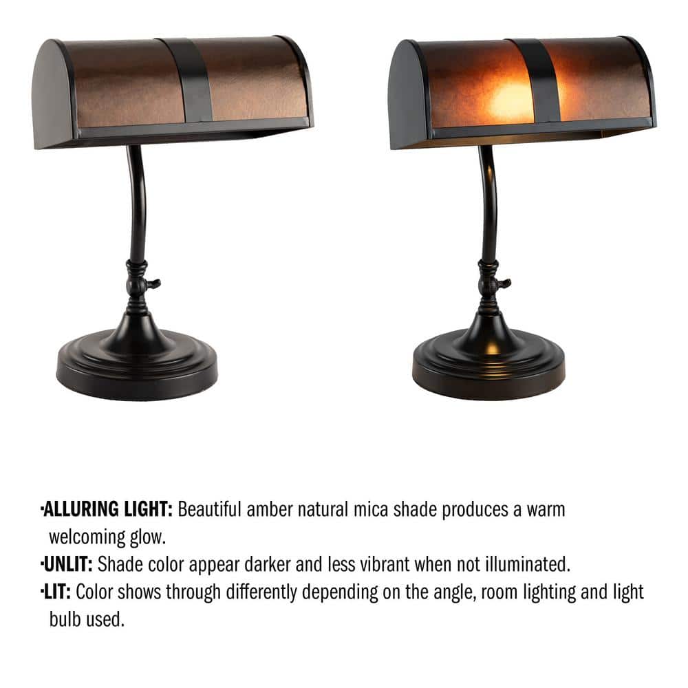 14" Black Metal LED Banker's Lamp with Amber Mica Shade
