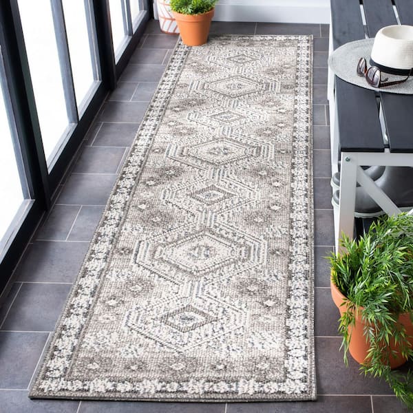 Global Light Gray/Dark Gray 2 ft. x 8 ft. Aztec Geometric Border Indoor/Outdoor Runner Rug