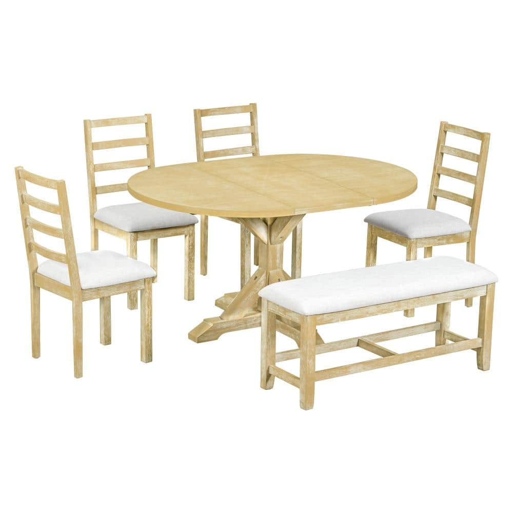 6 Piece Oval Wood Top Dining Table Set with Bench, Natural+Beige Farmhouse Extendable Pedestal Table Seats 6