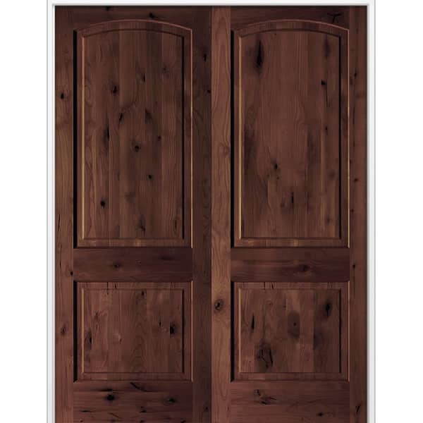 72 in. x 96 in. Rustic 2-Panel Arch Top Universal Red Mahogany Stain Knotty Alder Wood Double Prehung Interior Door