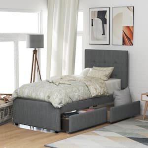 Gray Twin Size Linen Upholstered Platform Bed With Headboard and 2-Drawers