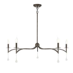 Laramie 43 in. W x 12 in. H 5-Light Chelsea Walnut Chandelier with Open Bulbs and Frosted Crystal Drops