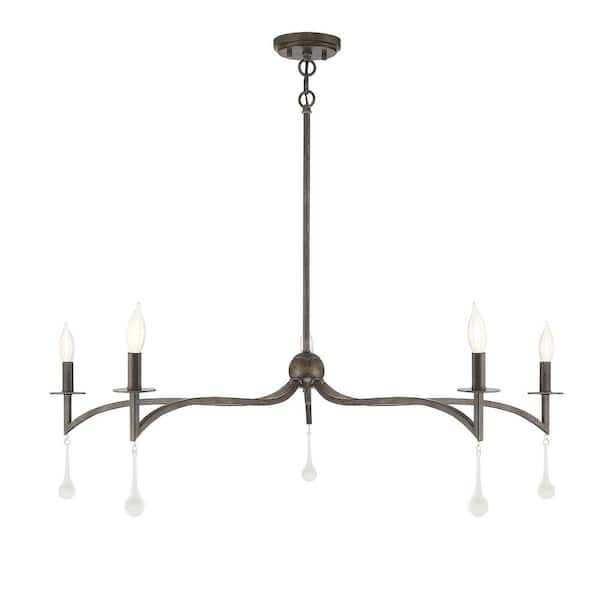 Savoy House Laramie 43 in. W x 12 in. H 5-Light Chelsea Walnut Chandelier with Open Bulbs and Frosted Crystal Drops