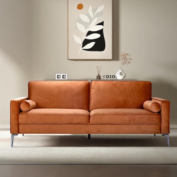 Ashcroft Furniture Co Ellie 77 in. Square Arm Velvet Rectangle Mid Century Modern Sofa in. Orange