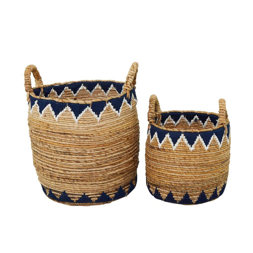 Natural Brown and Blue Wicker Round Storage Baskets with Handles