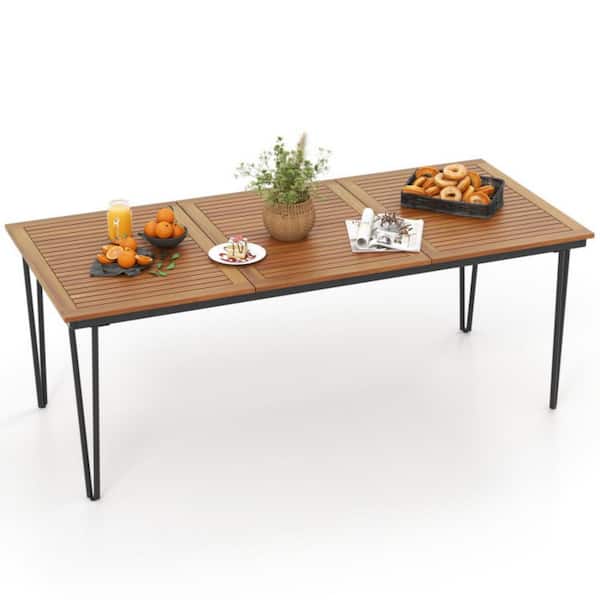 79 in. W Acacia Wood Patio Dining Table 8-Person Rectangular Table with with Umbrella Hole for Balcony, Deck or Porch