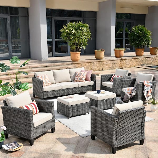 OVIOS Positano Gray 7-Piece Wicker Patio Conversation Set with with ...