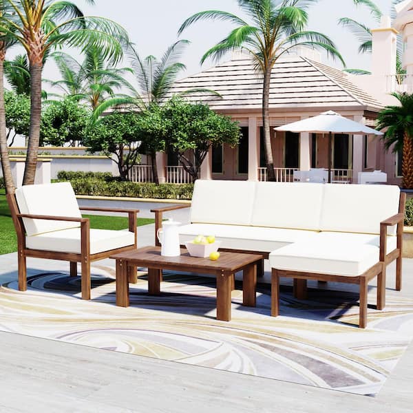 Sudzendf Brown 4-Piece Wood Patio Conversation Set with Beige Cushions and Table