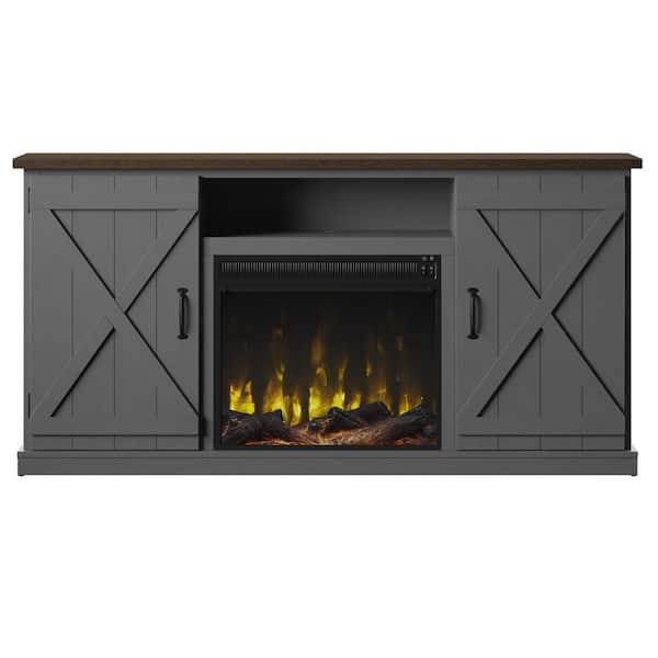 Twin Star Home 63.38 in. Freestanding Wooden Electric Fireplace TV Stand in Antique Gray