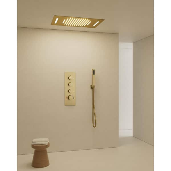 LED Mood Lighting 7-Spray 23 x 15 in. Ceiling Mount Dual and Handheld Shower 2.5 GPM in Brushed Gold(Valve Included)