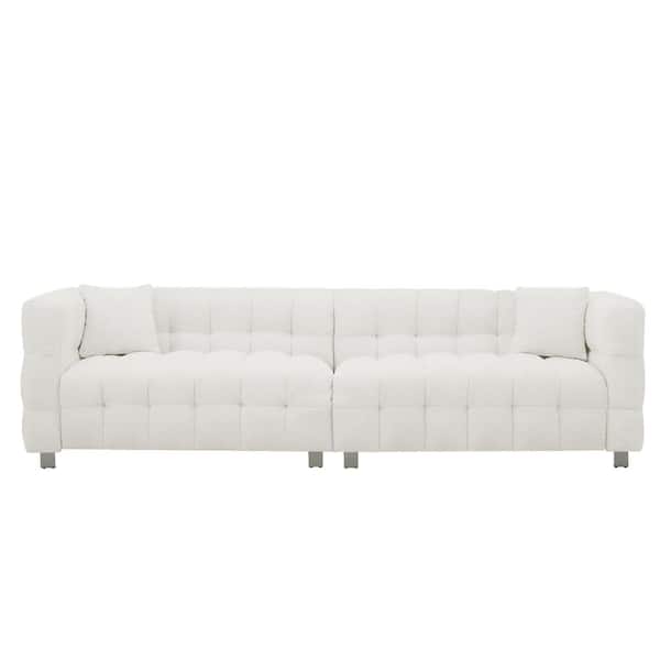 Z-joyee 102 in. Wide Square Arm Teddy Polyester Modern Rectangle Upholstered Sofa in White