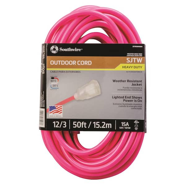 Southwire 50 ft. 12/3 SJTW Hi-Visibility Outdoor Heavy-Duty Neon Pink Extension Cord with Power Light Plug