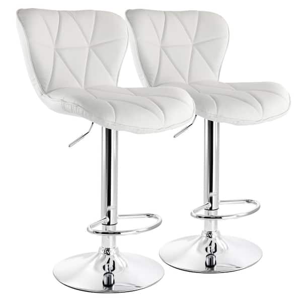 Elama 2-Piece Diamond Tufted Faux Leather Adjustable 35 in. Bar Stool in White with Chrome Base