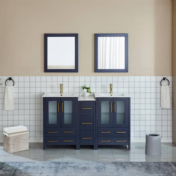 Vanity Art Brescia 60 in. W x 18.1 in. D x 35.8 in. H Double Basin Bathroom Vanity in Blue with Top in White Ceramic and Mirror