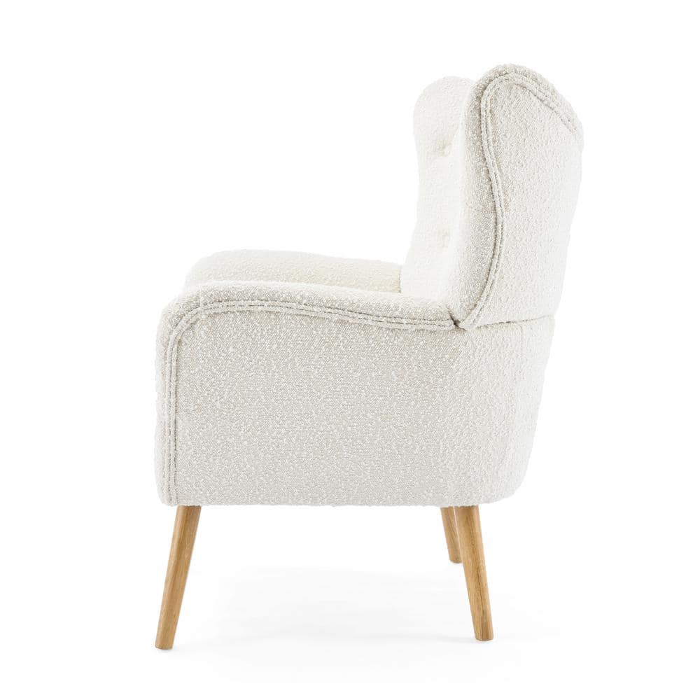 White Boucle Upholstered Accent Chair with Natural Wood Legs