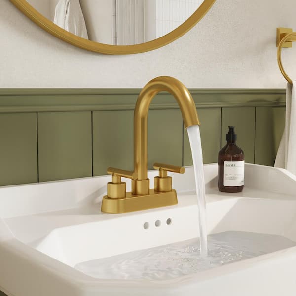 4 in. Centerset Double Handle High Arc Bathroom Faucet with 360° Swivel, Pop-Up Drain in Brushed Gold (Valve Included)