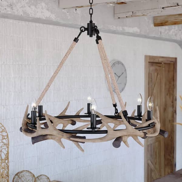 Breckenridge 6-Light Bronze Rustic Antler Chandelier Natural Rope Accent
