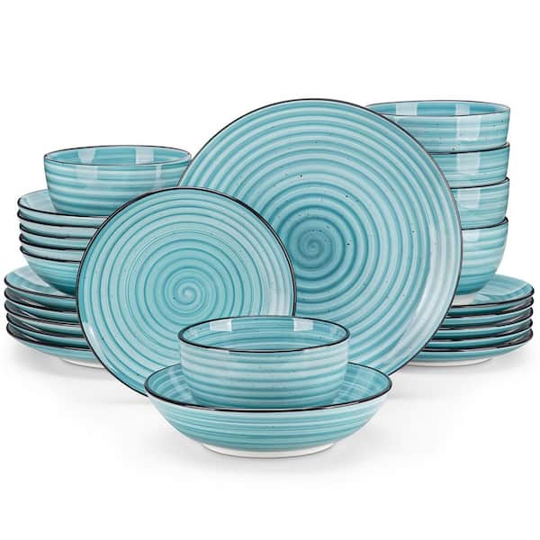 24-Piece Blue Stoneware Dinnerware Set (Service for 6) Bowls and Plates Dinner Set