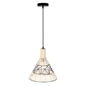 Iris 40-Watt 1-Light Black-and-White Woven Pendant Light with Cone-Shaped Fabric Shade