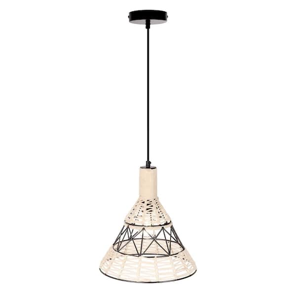 River of Goods Iris 40-Watt 1-Light Black-and-White Woven Pendant Light with Cone-Shaped Fabric Shade