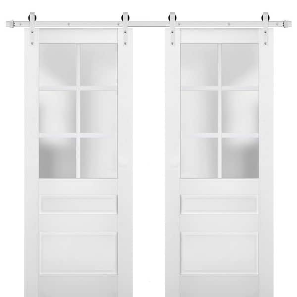 Sartodoors 24 in. x 80 in. 2 Panel Frosted Glass White Solid Wood Sliding Barn Door with Hardware Kit