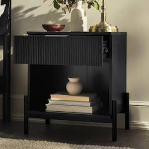 1-Drawer Black Wood and Metal Modern Reeded Nightstand with Exposed Legs