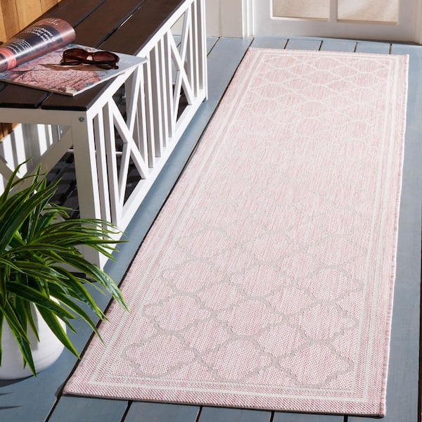 Courtyard Pink/Beige 2 ft. x 8 ft. Border Quatrefoil Indoor/Outdoor Runner Rug