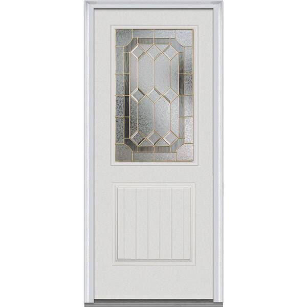 MMI Door 36 in. x 80 in. Majestic Elegance Right-Hand 1/2 Lite 2-Panel Plank Classic Primed Fiberglass Smooth Prehung Front Door