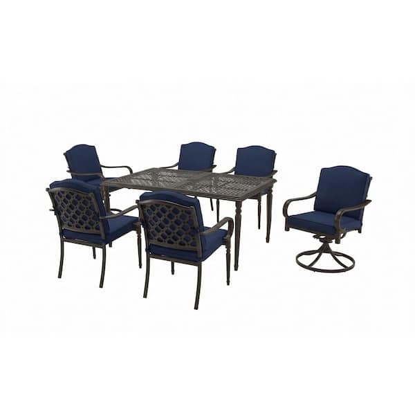 Laurel Oaks Dark Brown 7-Piece Metal Outdoor Dining Set with Cushion Guard Midnight Cushions