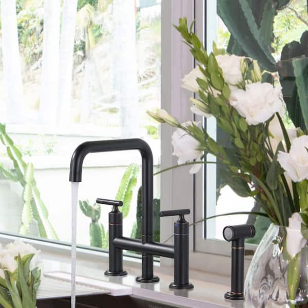 Brass Double Handle Bridge Kitchen Faucet, Deck Mount Kitchen Sink Faucet with Side Sprayer in Oil Rubbed Bronze