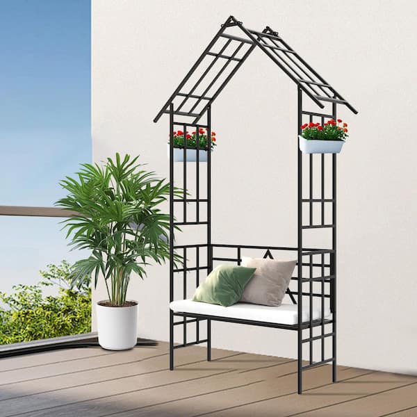 Metal Garden Arch with Bench Turned into Flower Stand Climbing Plants Support