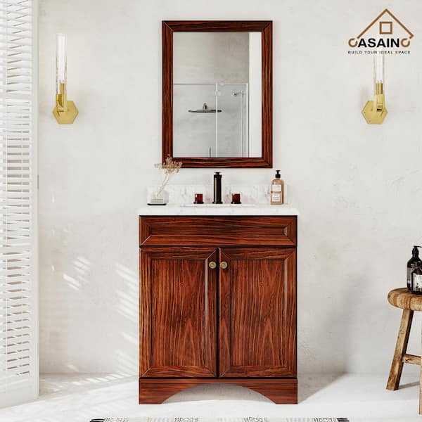 CASAINC 30 in. W x 22 in. D x 35.4 in. H Single Sink Freestanding Bath Vanity in Traditional Brown with Marble Top and Mirror
