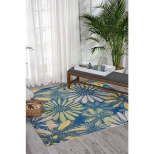Home and Garden Blue 9 ft. x 9 ft. Floral Botanical Contemporary Indoor/Outdoor Square Area Rug