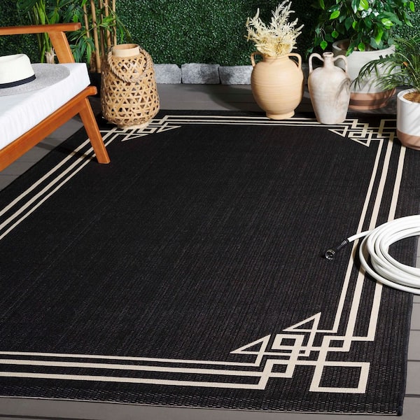 Courtyard Black/Light Beige 5 ft. x 8 ft. Solid Geometric Border Indoor/Outdoor Area Rug