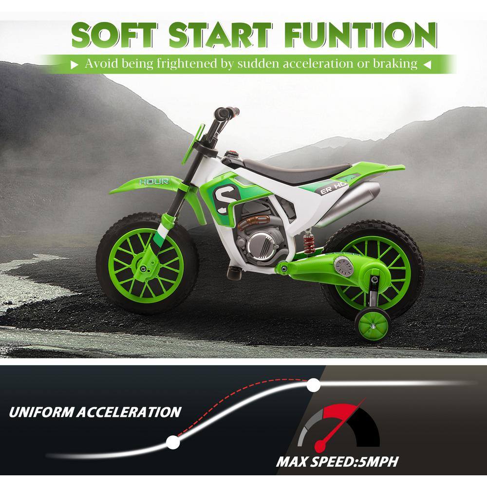 Green 12V Battery-Powered Kids Motorcycle with Training Wheels
