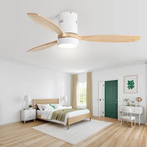 52 in. Integrated LED Indoor/Outdoor Wood White Flush Mount Ceiling Fan with Light and Remote Control