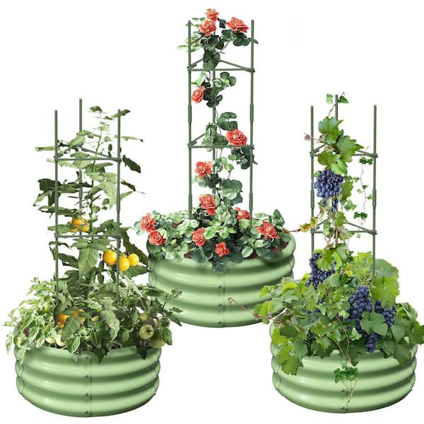 3-Pack 24 x 24 x 12 in. Round Galvanized Raised Garden Bed with Tomato Cages Metal Planter Box for Planting, Green