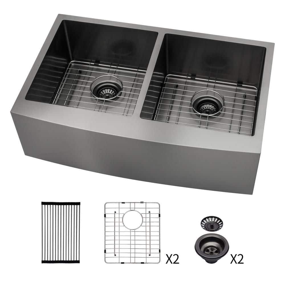 36 in. Farmhouse Apron Double Bowl 16-Gauge Gunmetal Black Stainless Steel Kitchen Sink with Accessories price history on PriceWatchPro