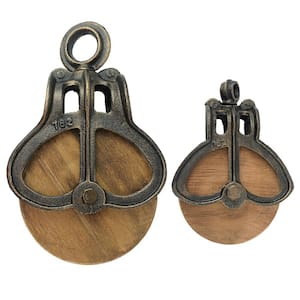 Vintage Cast Iron and Wood Wheel Farm Pulley Set (2-Piece)