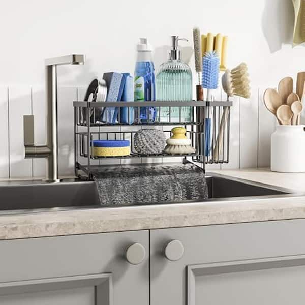 2 Tier Stainless Steel Sink Accessory Set Organizer Rack with Flexible Brush and Sponge Holder for Kitchen Countertop
