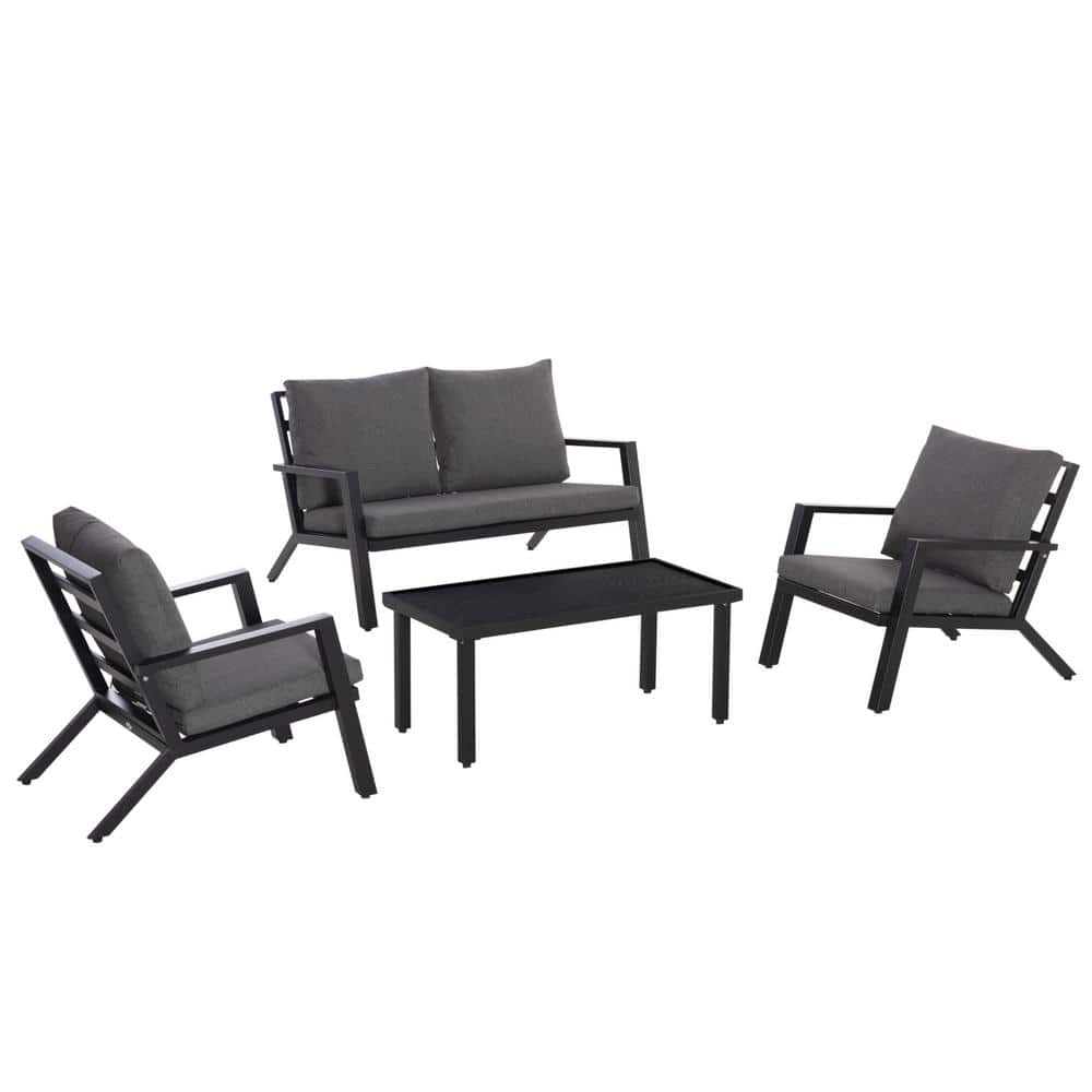Outsunny 4-Piece Black Metal Outdoor Sectional Set with Grey Cushions, Patio Furniture Set, with Armchair, Loveseat, Coffee Table -  84B-771