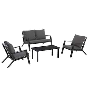 4-Piece Black Metal Outdoor Sectional Set with Grey Cushions, Patio Furniture Set, with Armchair, Loveseat, Coffee Table