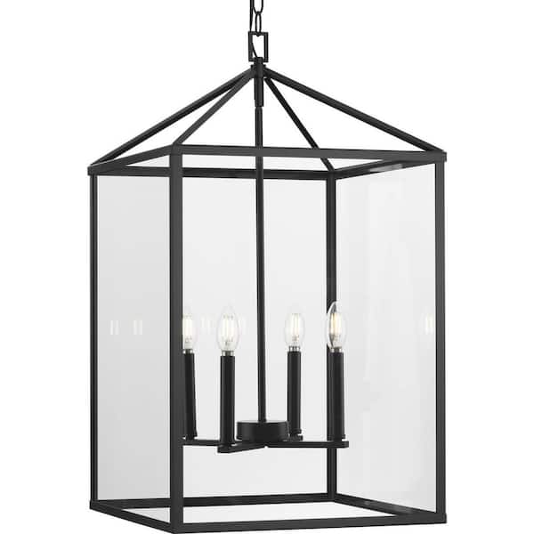 Progress Lighting Hillcrest 4-Light 17 in. Matte Black Modern Farmhouse Foyer Light for Halls